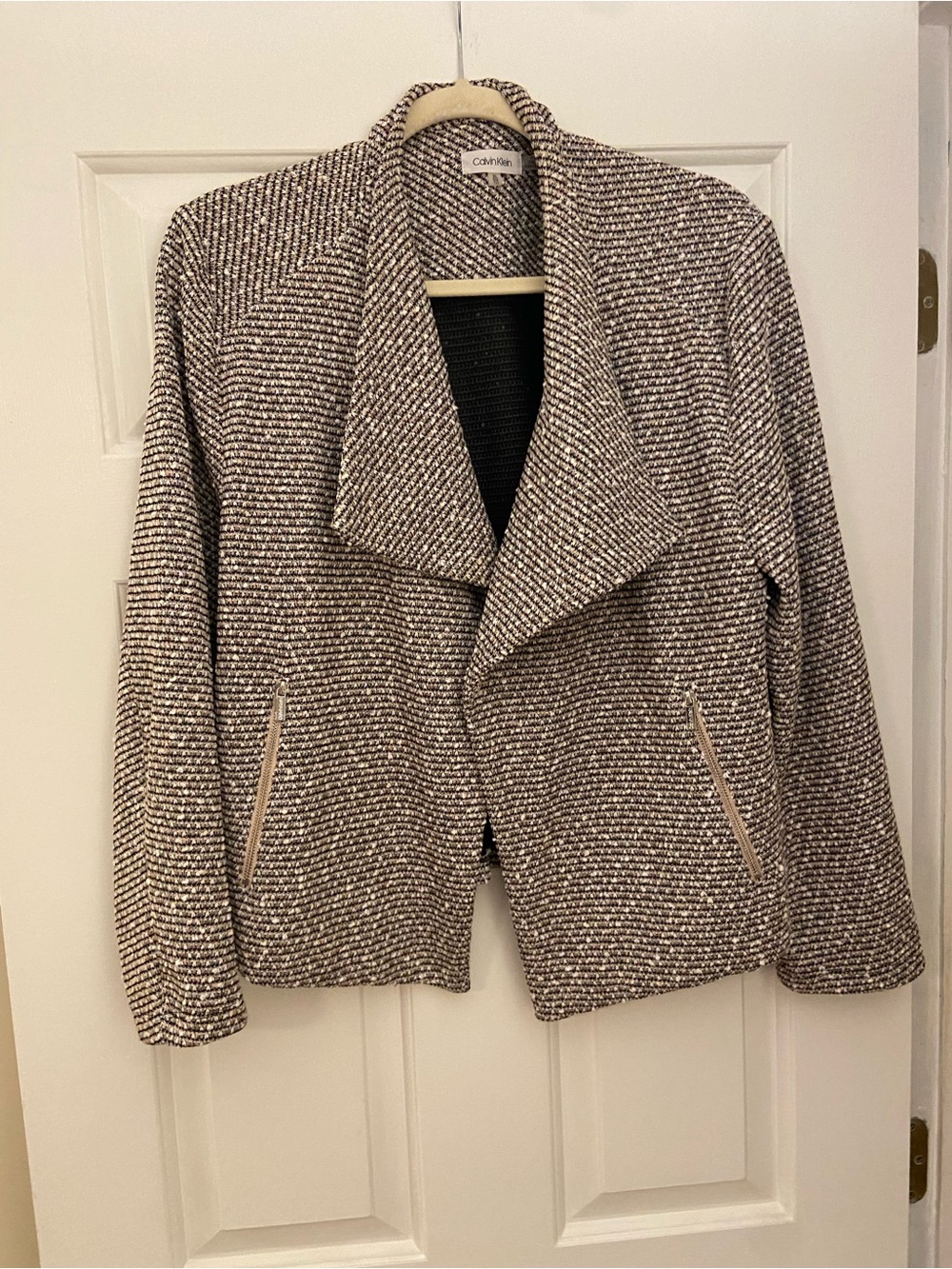 Calvin Klein Tweed Open Front Cropped Blazer in Black, Cream, & Tan